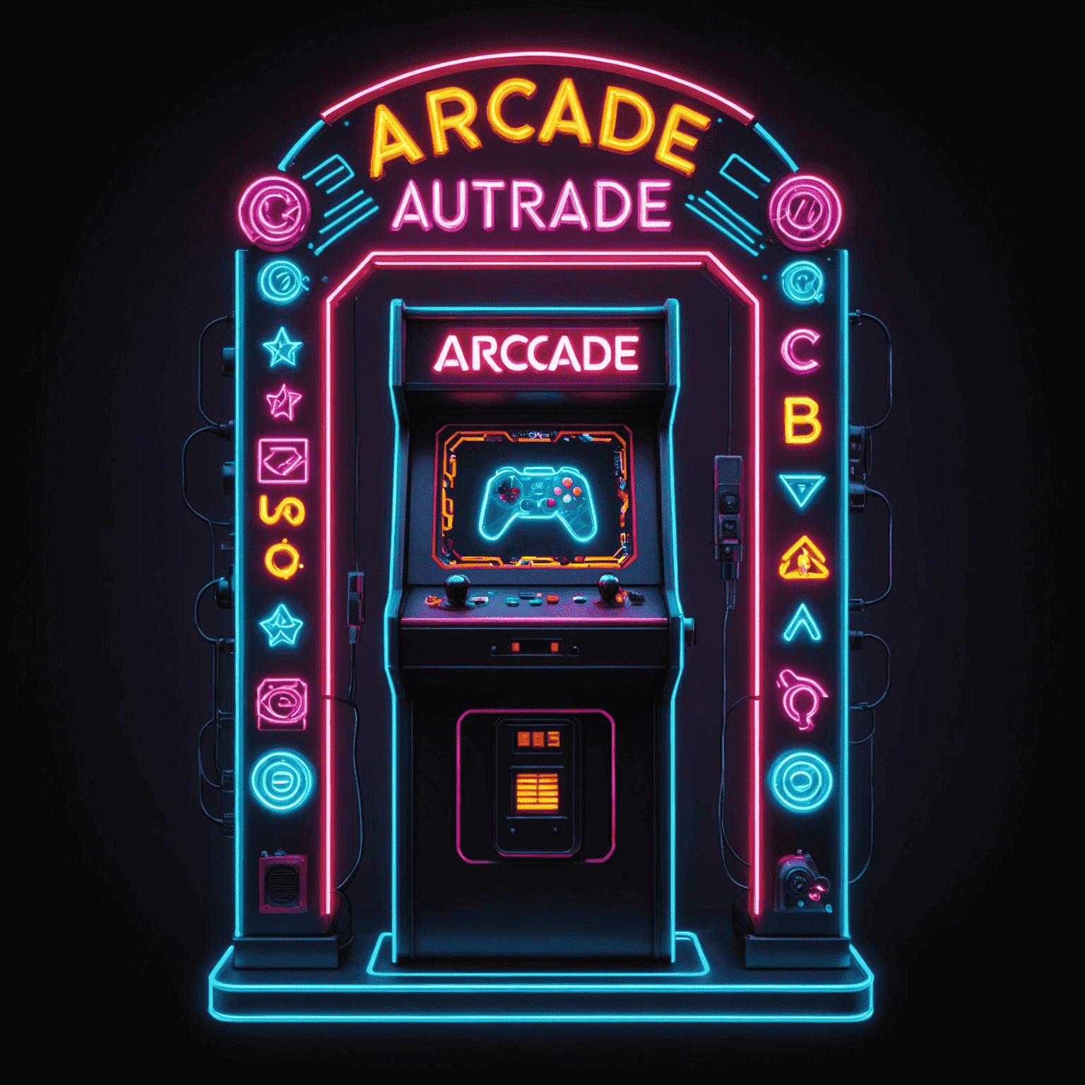 Logo Arcada Automat przedstawiające neonowy napis z pikselowymi elementami automatów do gier