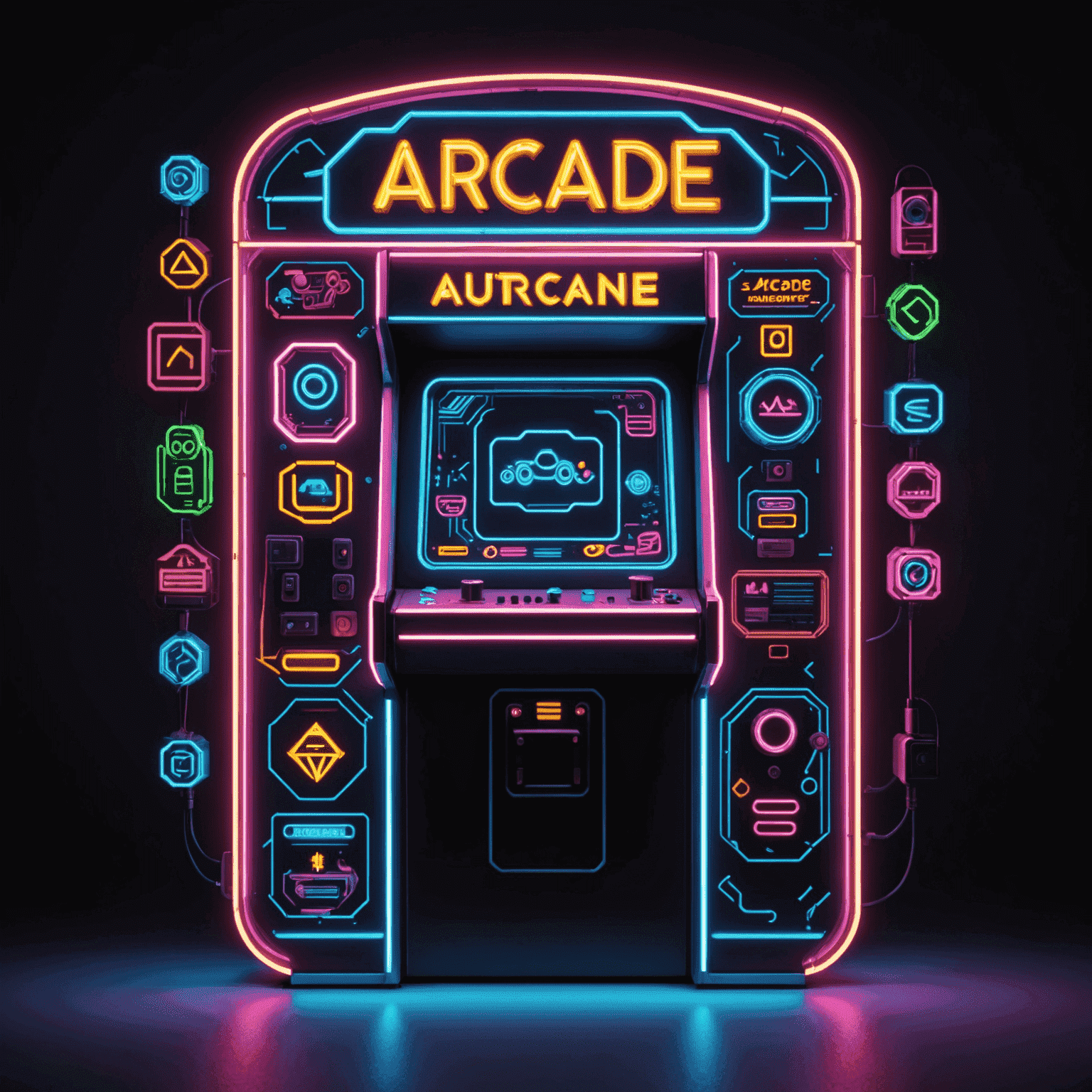 Logo Arcada Automat przedstawiające neonowy napis z pikselowymi elementami automatów do gier