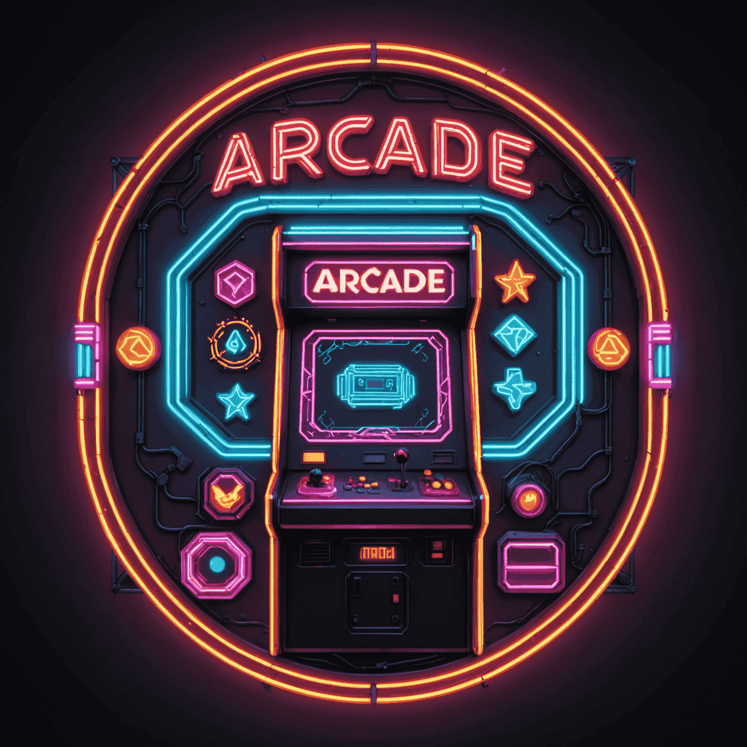 Logo Arcada Automat przedstawiające neonowy napis z pikselowymi elementami automatów do gier