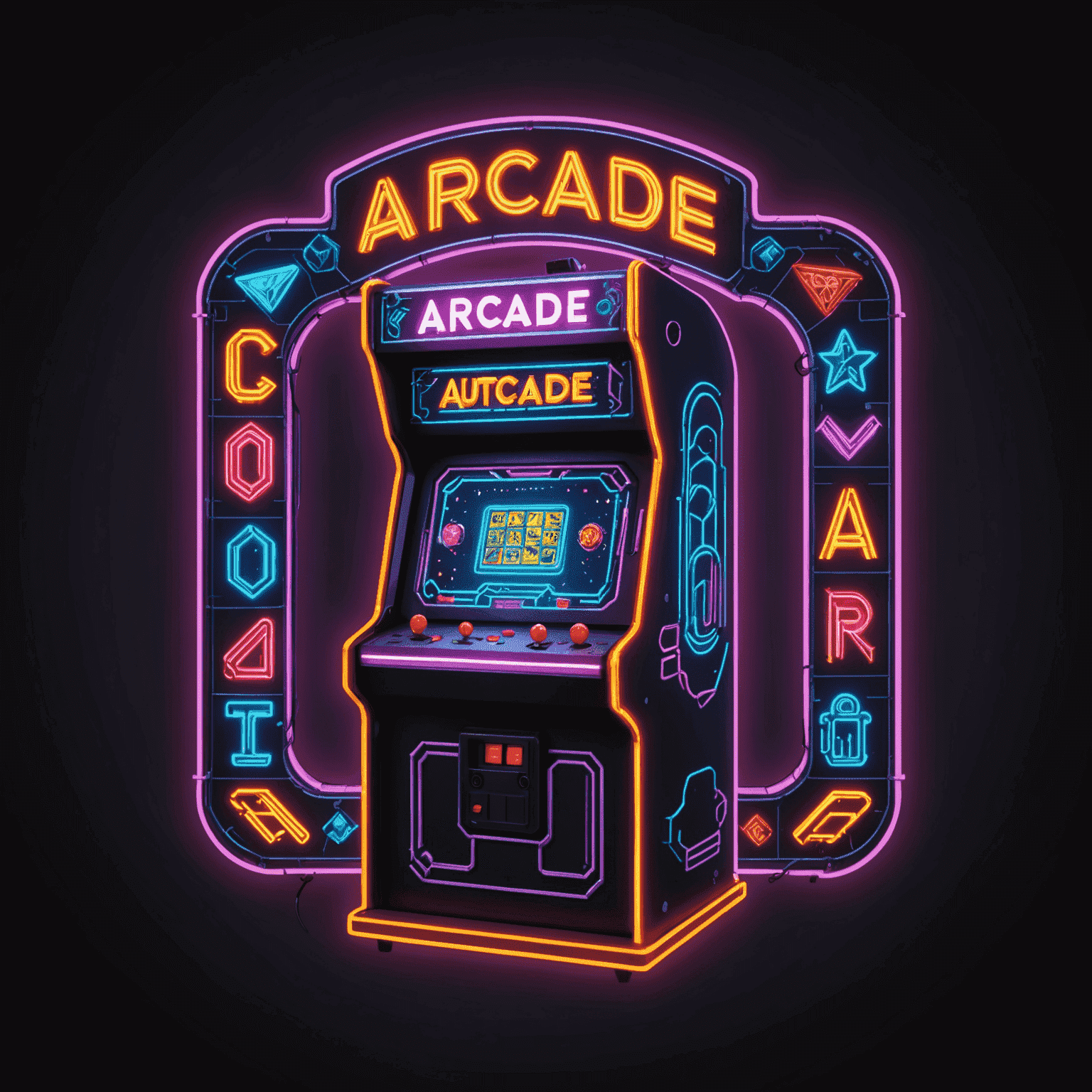 Logo Arcada Automat przedstawiające neonowy napis z pikselowymi elementami automatów do gier