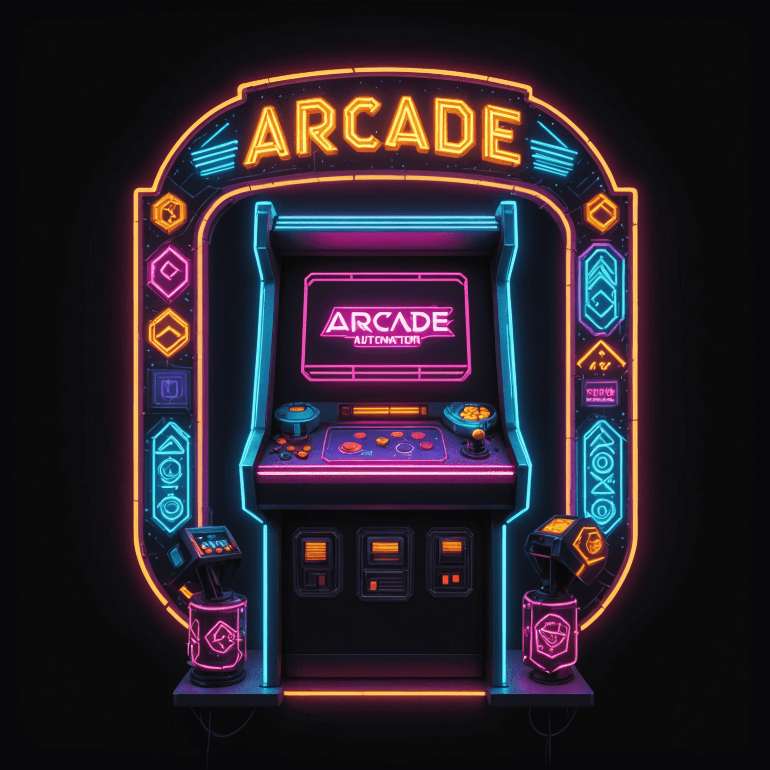Logo Arcada Automat przedstawiające neonowy napis z pikselowymi elementami automatów do gier