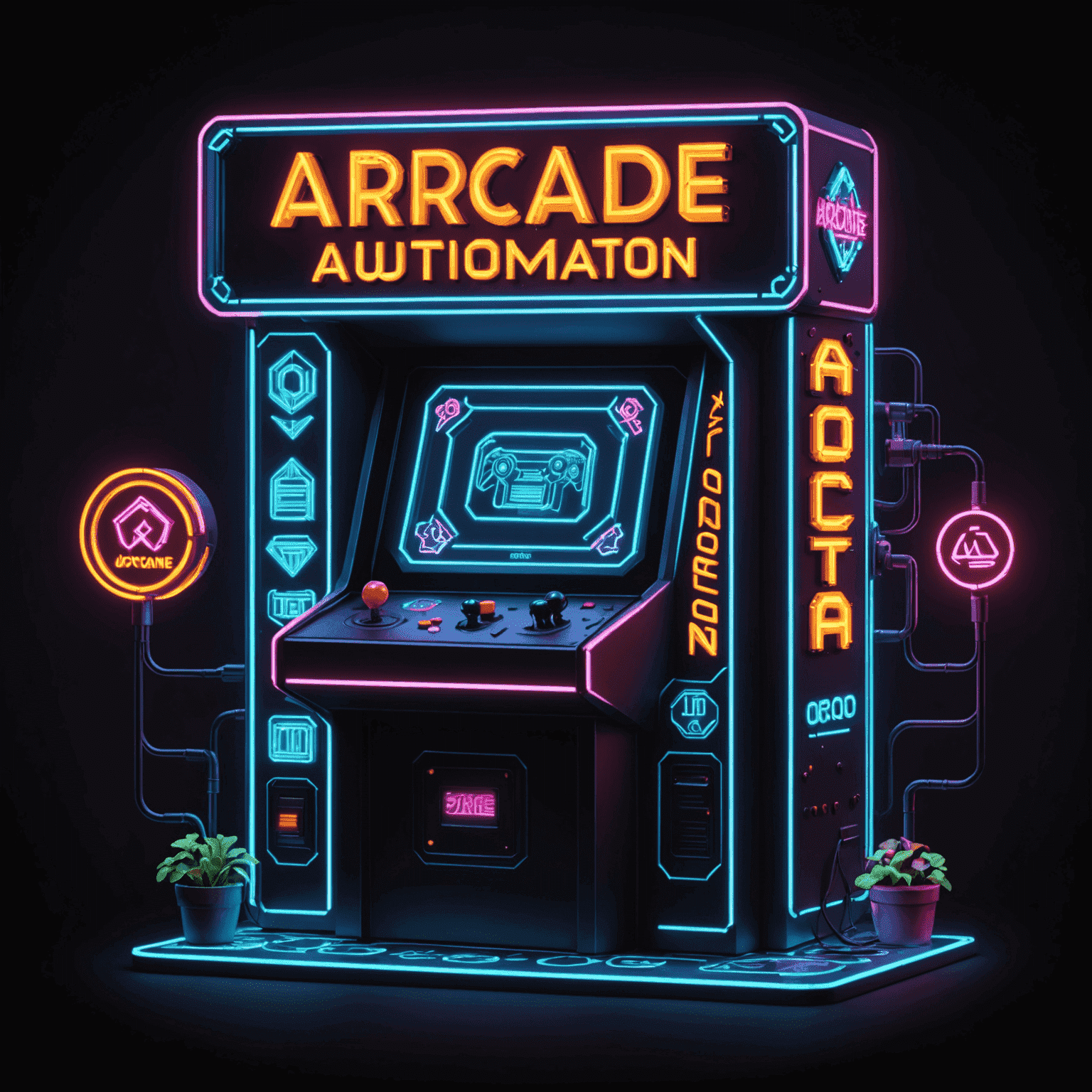 Logo Arcada Automat przedstawiające neonowy napis z pikselowymi elementami automatów do gier