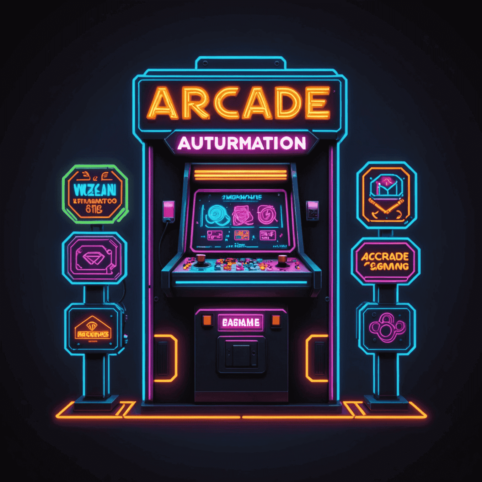 Logo Arcada Automat przedstawiające neonowy napis z pikselowymi elementami automatów do gier