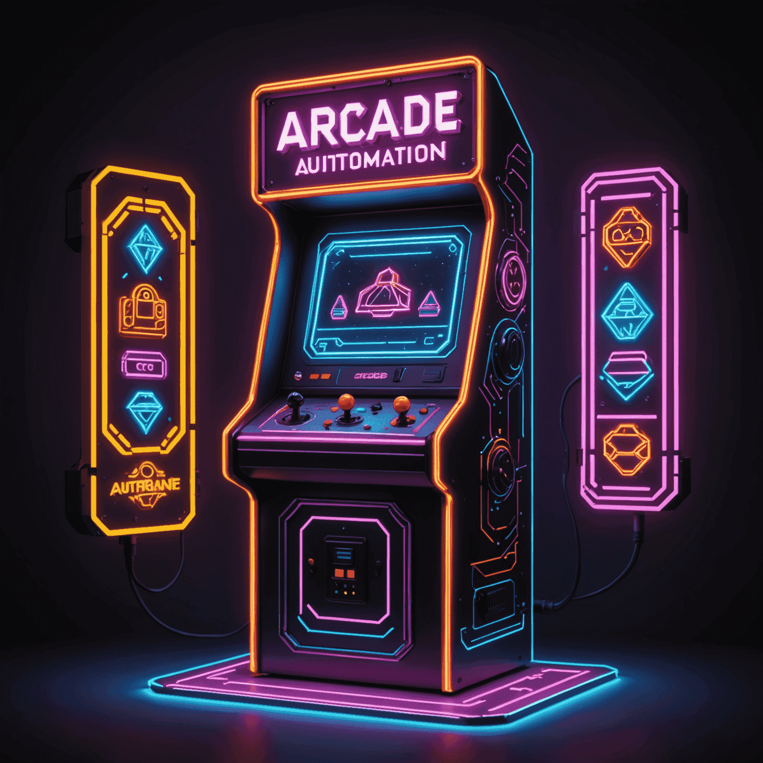 Logo Arcada Automat przedstawiające neonowy napis z pikselowymi elementami automatów do gier