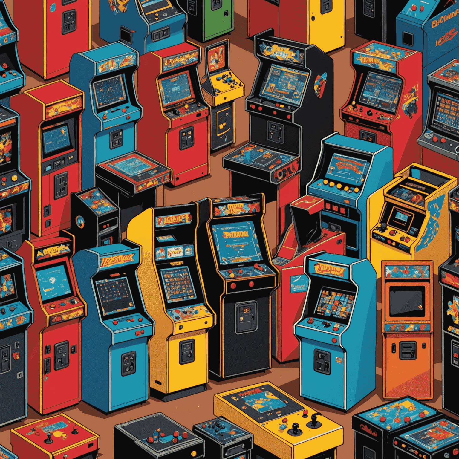 Kolorowa ilustracja przedstawiająca różnorodne automaty arcade, od klasycznych maszyn po nowoczesne stanowiska do gier