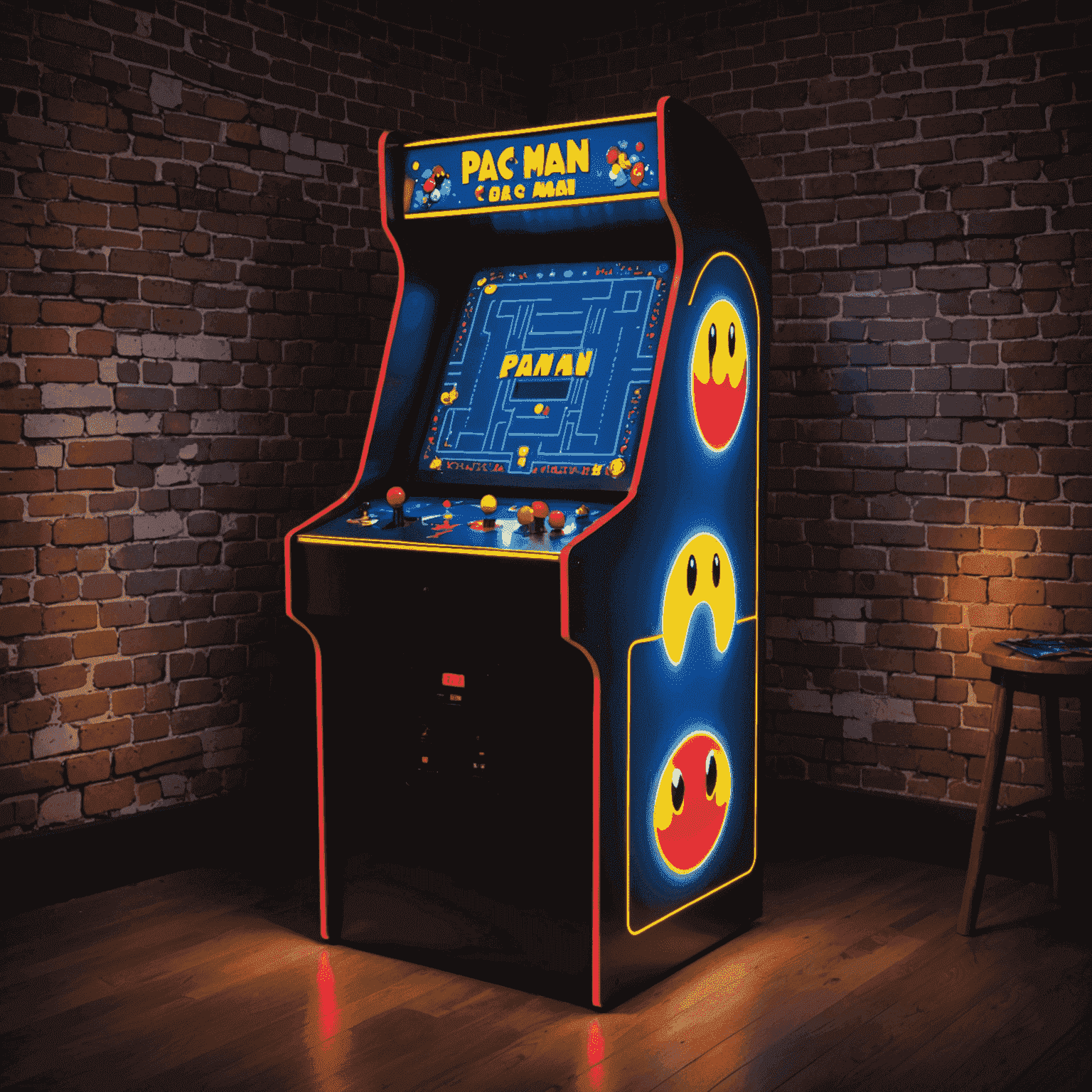 Nowoczesny automat arcade z klasyczną grą Pac-Man na ekranie, otoczony neonowymi światłami