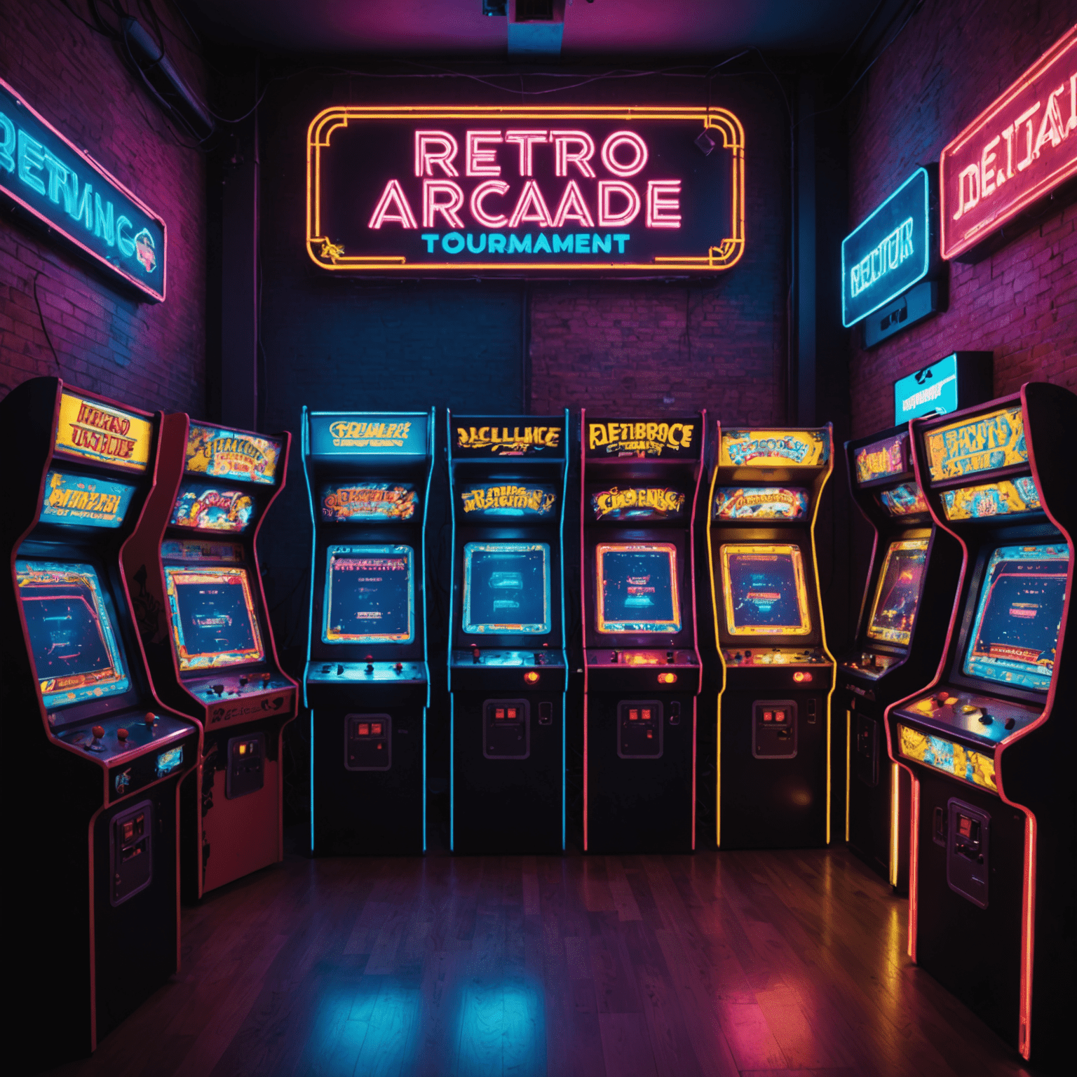 Tłum graczy zgromadzonych wokół klasycznych automatów arcade w neonowo oświetlonej sali, z dużym banerem 'Turniej Retro Arcada' wiszącym nad sceną