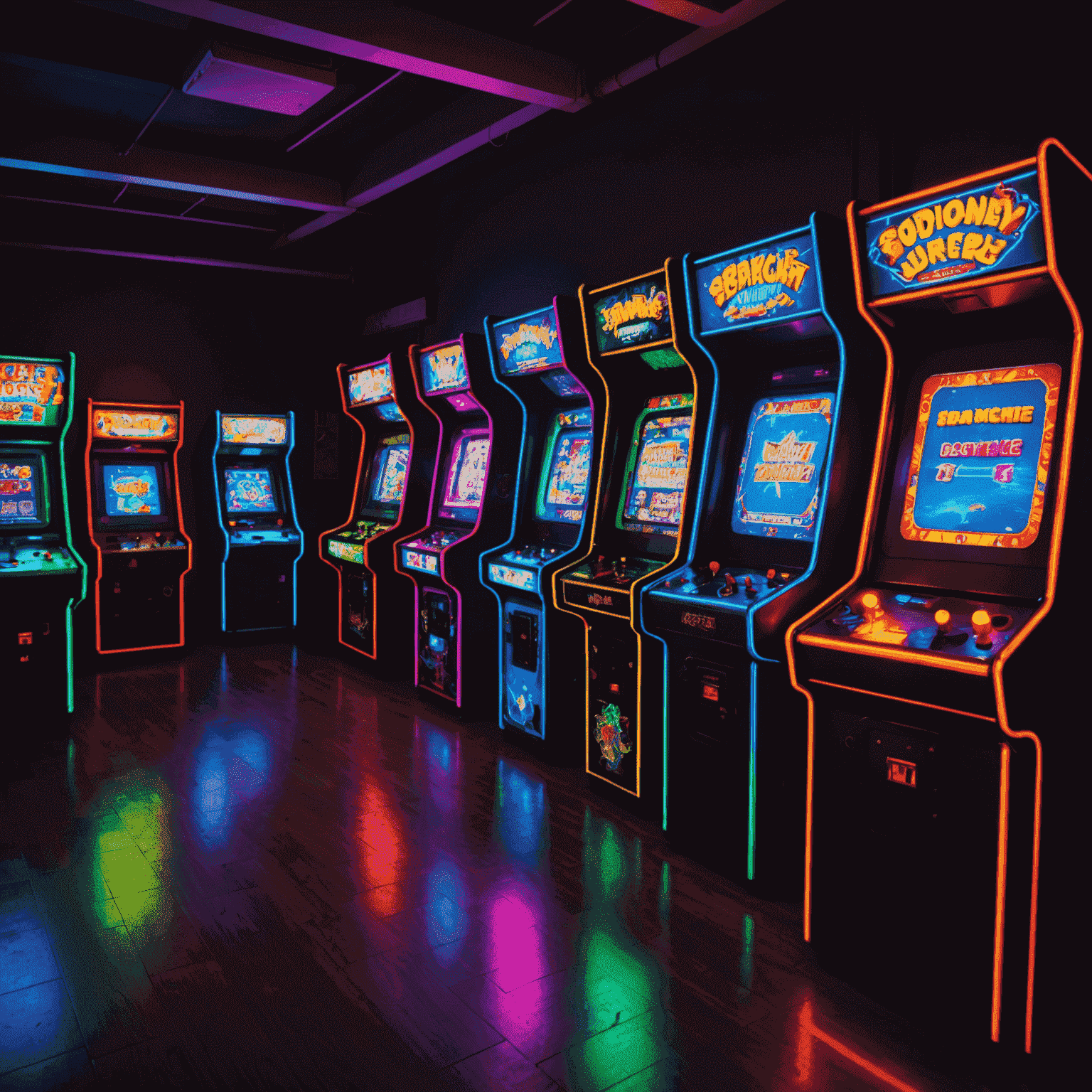 Kolorowe automaty arcade ustawione w rzędzie, migoczące neonowymi światłami w ciemnym pomieszczeniu