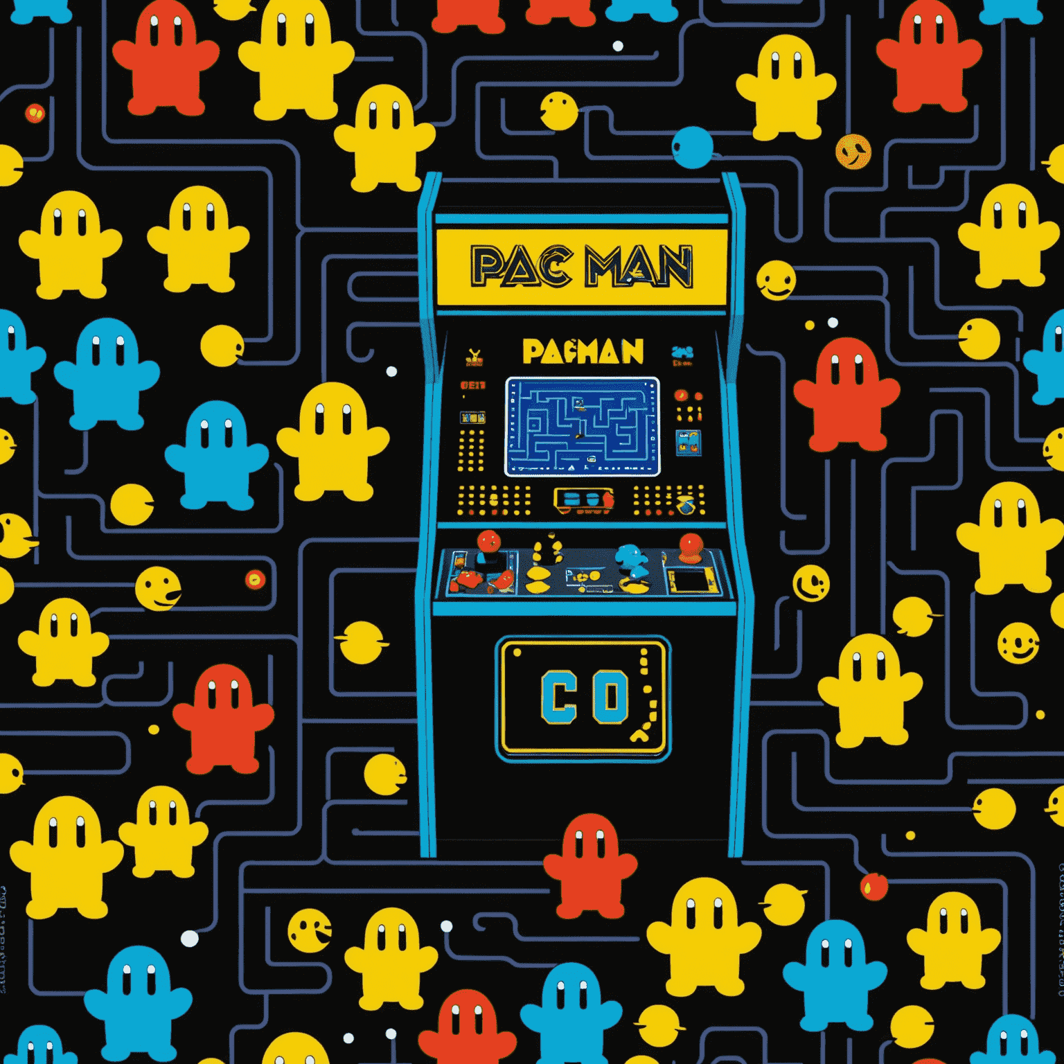 Klasyczny automat arcade Pac-Man z charakterystycznym żółtym bohaterem i kolorowymi duchami na czarnym tle labiryntu