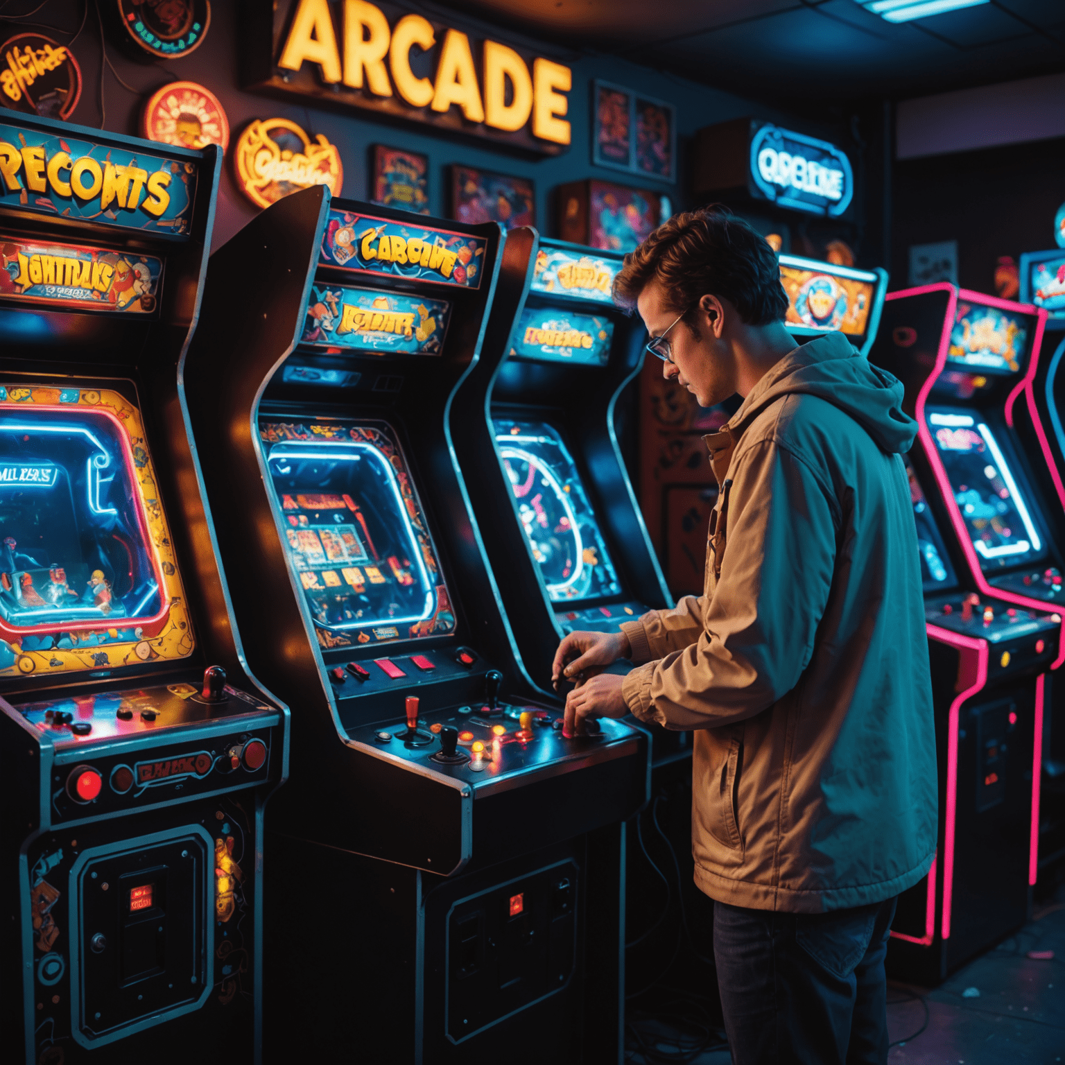 Technik naprawiający automat do gier arcade, otoczony neonowymi światłami i klasycznymi maszynami arcade