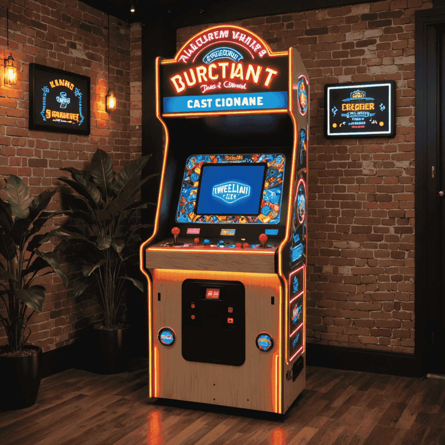 Niestandardowy automat arcade z unikalnym designem nawiązującym do motywu restauracji. Automat ma neonowe akcenty i ekran dotykowy.