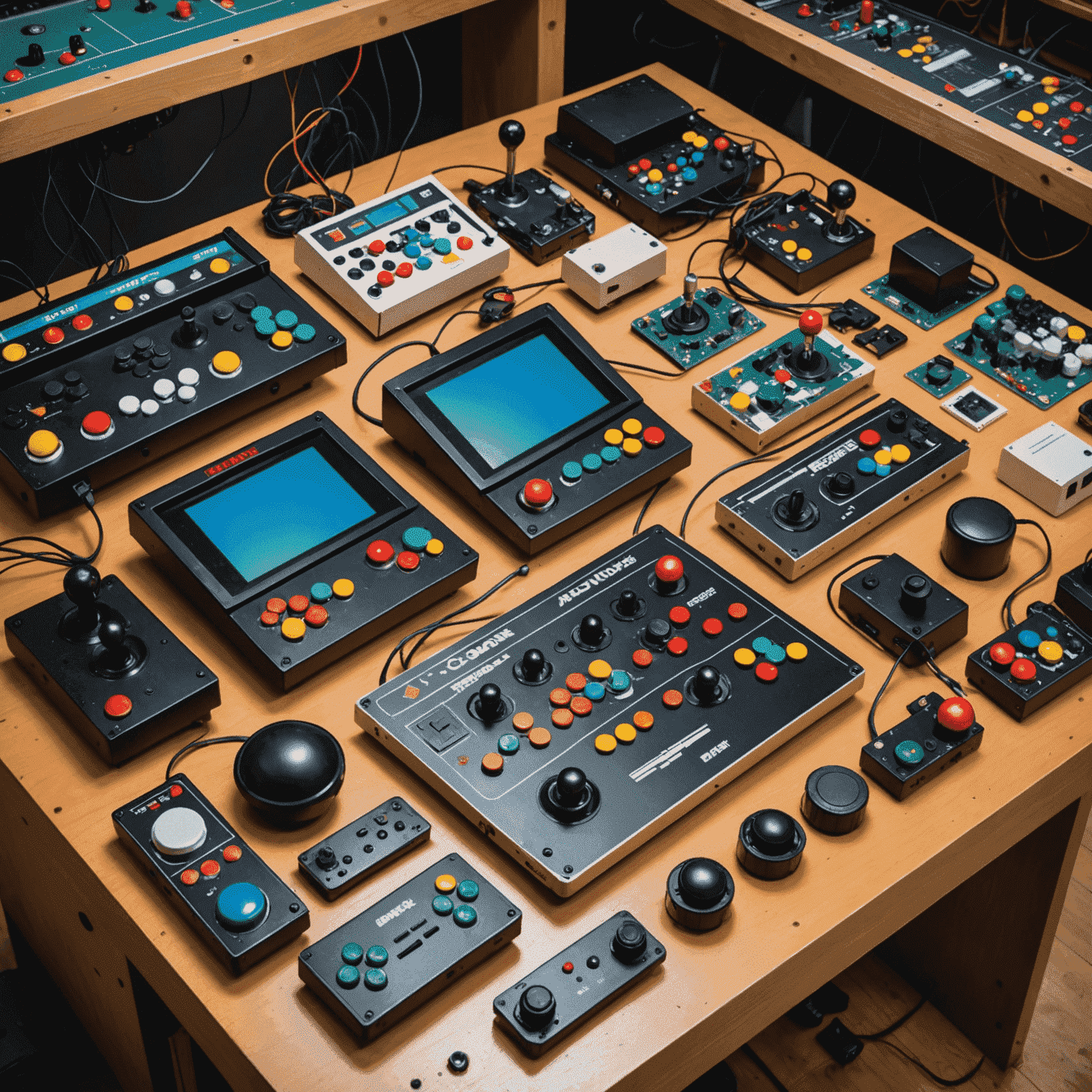 Różnorodne części do automatów arcade, w tym joysticki, przyciski, monitory i płyty PCB, ułożone na stole warsztatowym