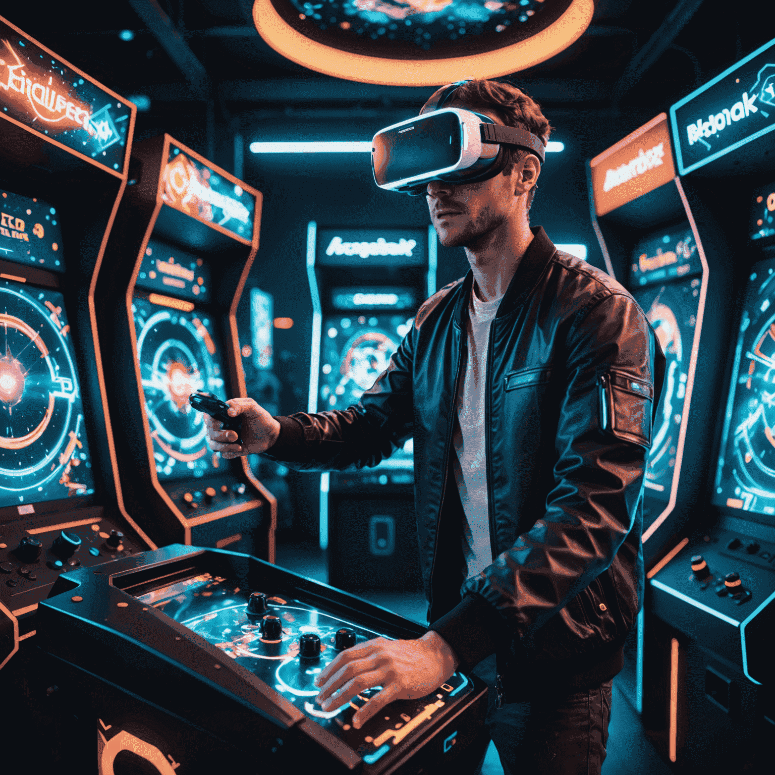 Gracz w goglach VR grający w dynamiczną grę arcade, otoczony holograficznymi efektami