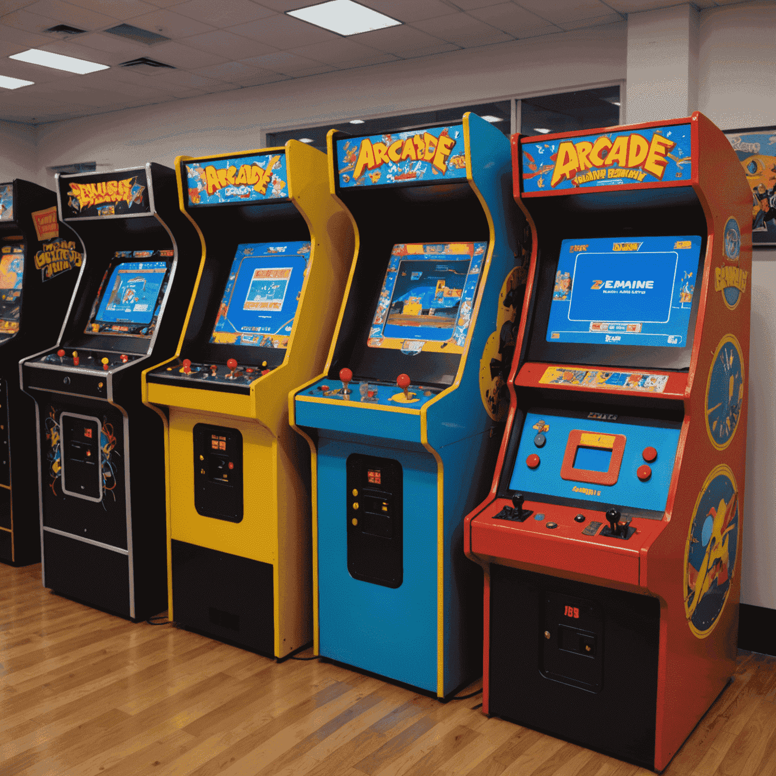 Chronologicznie ustawione automaty arcade od lat 70. do współczesności, z interaktywnymi wyświetlaczami pokazującymi historię każdej maszyny