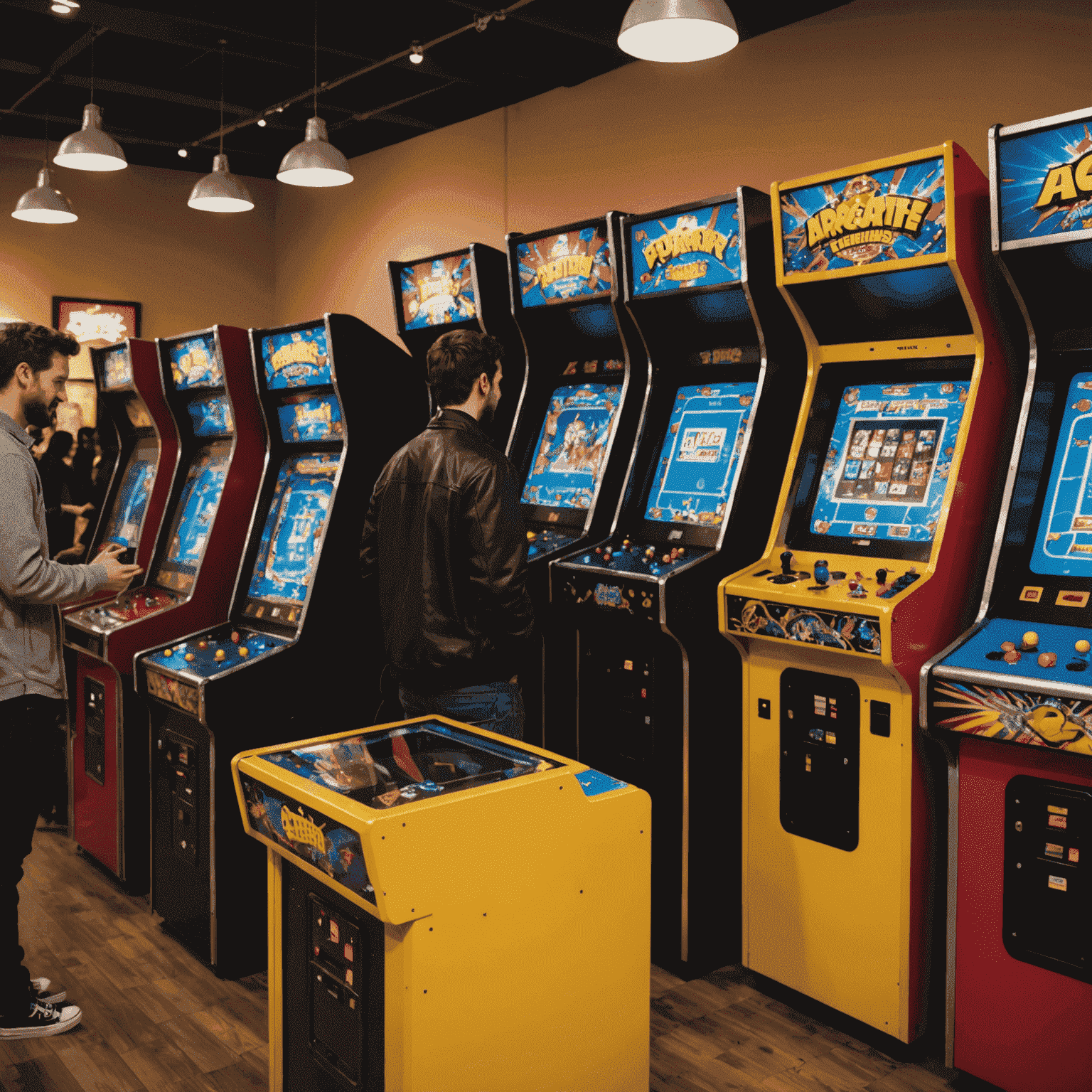 Grupa ludzi bawiących się przy wynajętych automatach arcade na imprezie firmowej