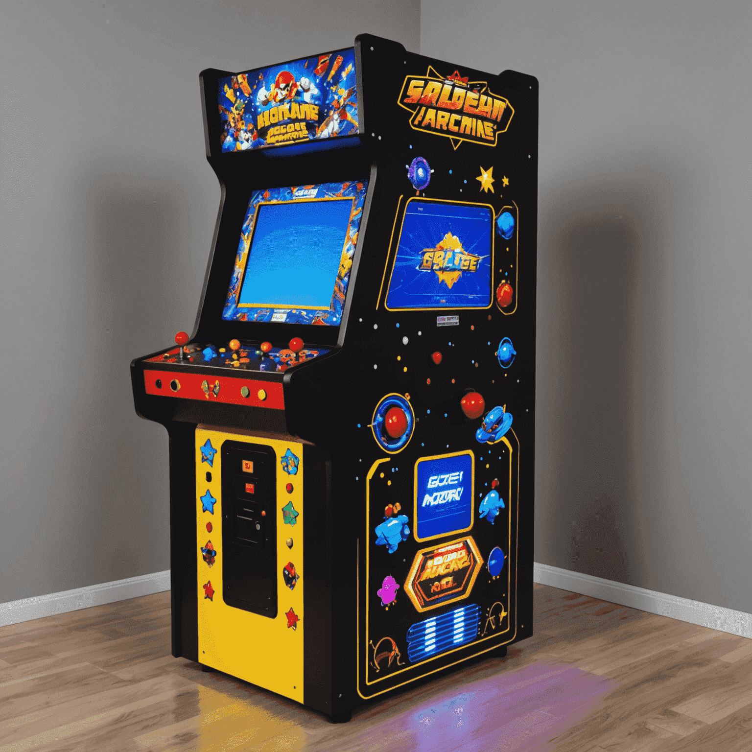 Nowoczesny automat arcade z dużym ekranem LCD, kolorowym podświetleniem LED i panelem sterowania dla wielu graczy