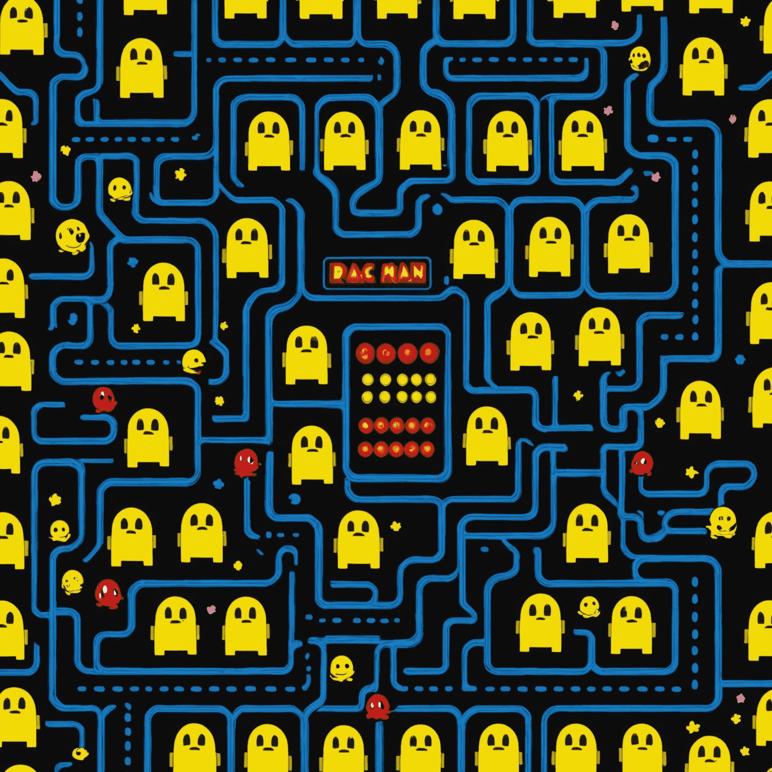 Klasyczny automat Pac-Man z charakterystycznym żółtym bohaterem i kolorowymi duchami