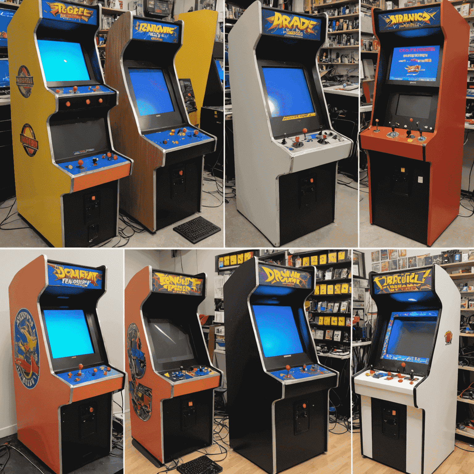 Kolaż pokazujący różne etapy naprawy automatu arcade, od diagnostyki po końcowe testy