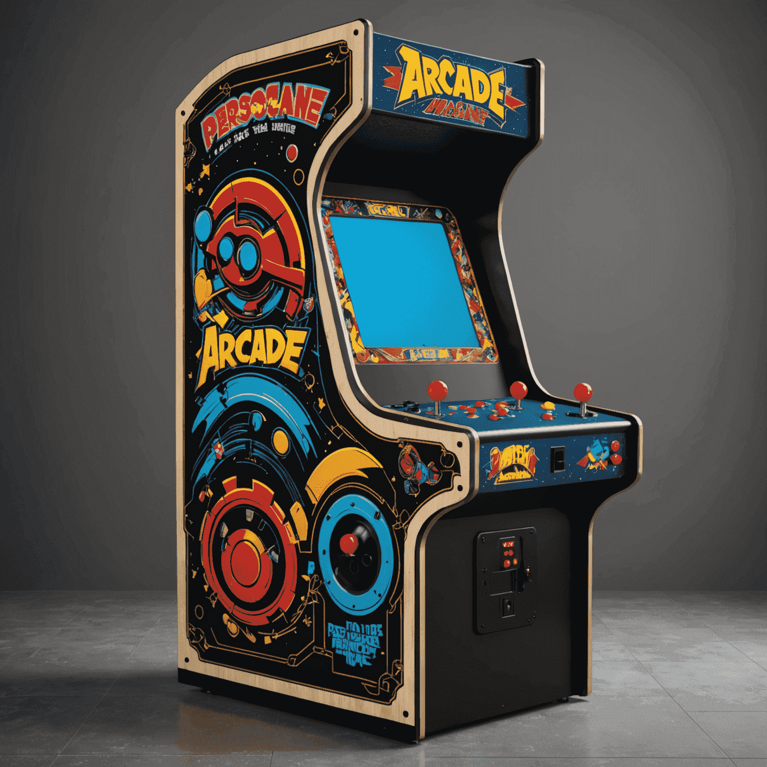 Proces personalizacji automatu arcade. Widoczne są różne etapy projektowania, wyboru kolorów i grafik, oraz montażu komponentów.