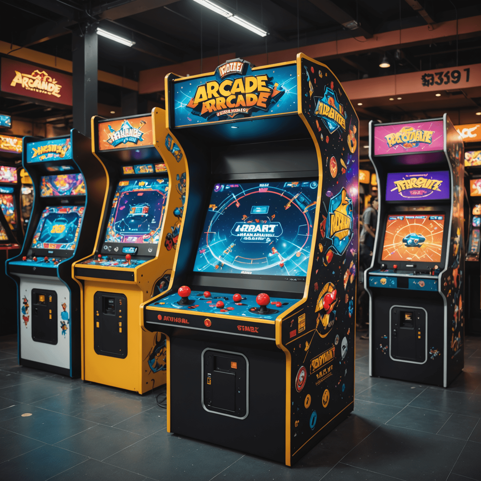 Infografika przedstawiająca popularne gry arcade, nowe technologie VR i AR w automatach, oraz statystyki dotyczące trendów w branży