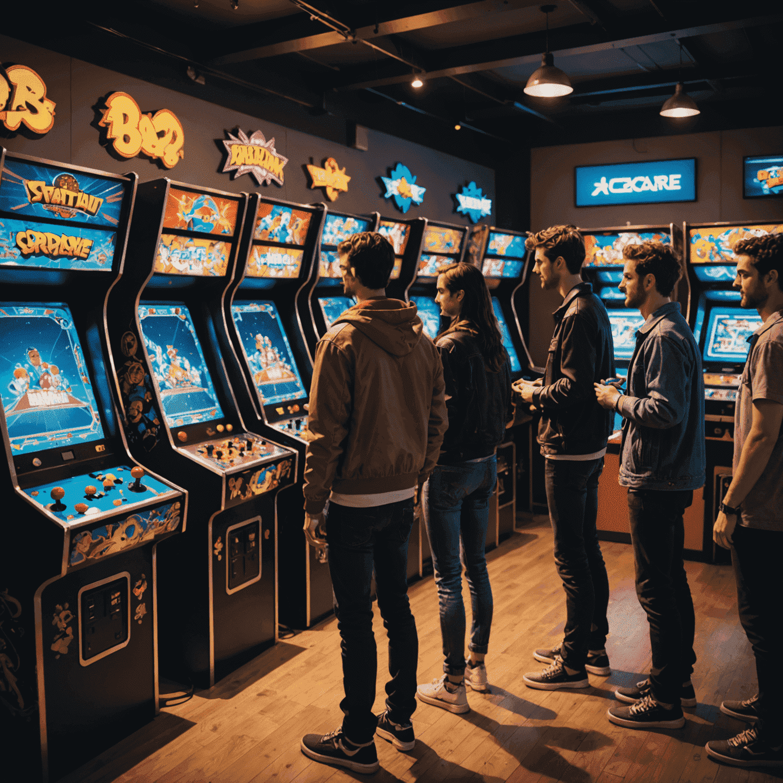 Grupa przyjaciół grająca w połączone ze sobą automaty arcade, na ekranach widoczne awatary graczy