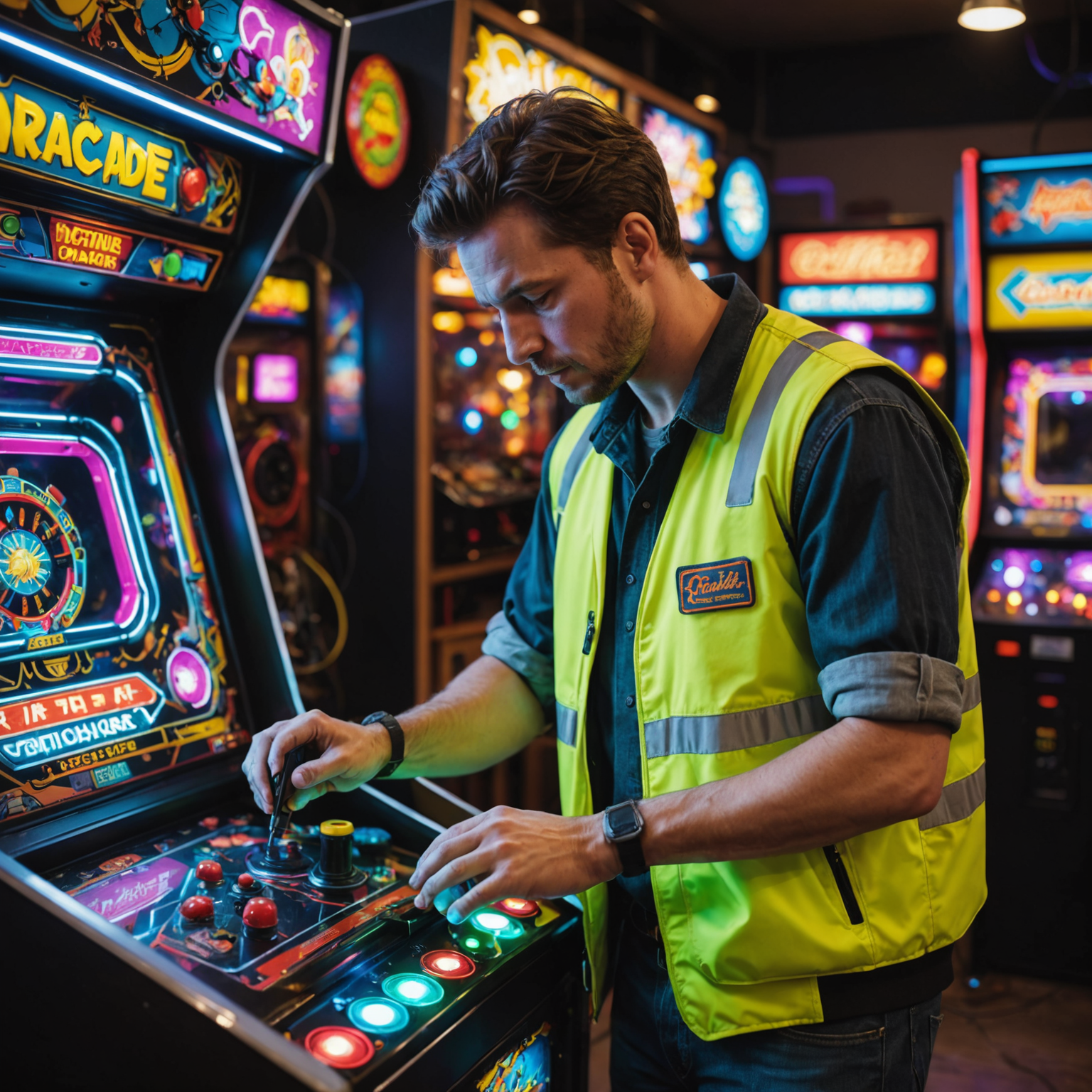 Technik w neonowej kamizelce naprawiający wnętrze automatu arcade