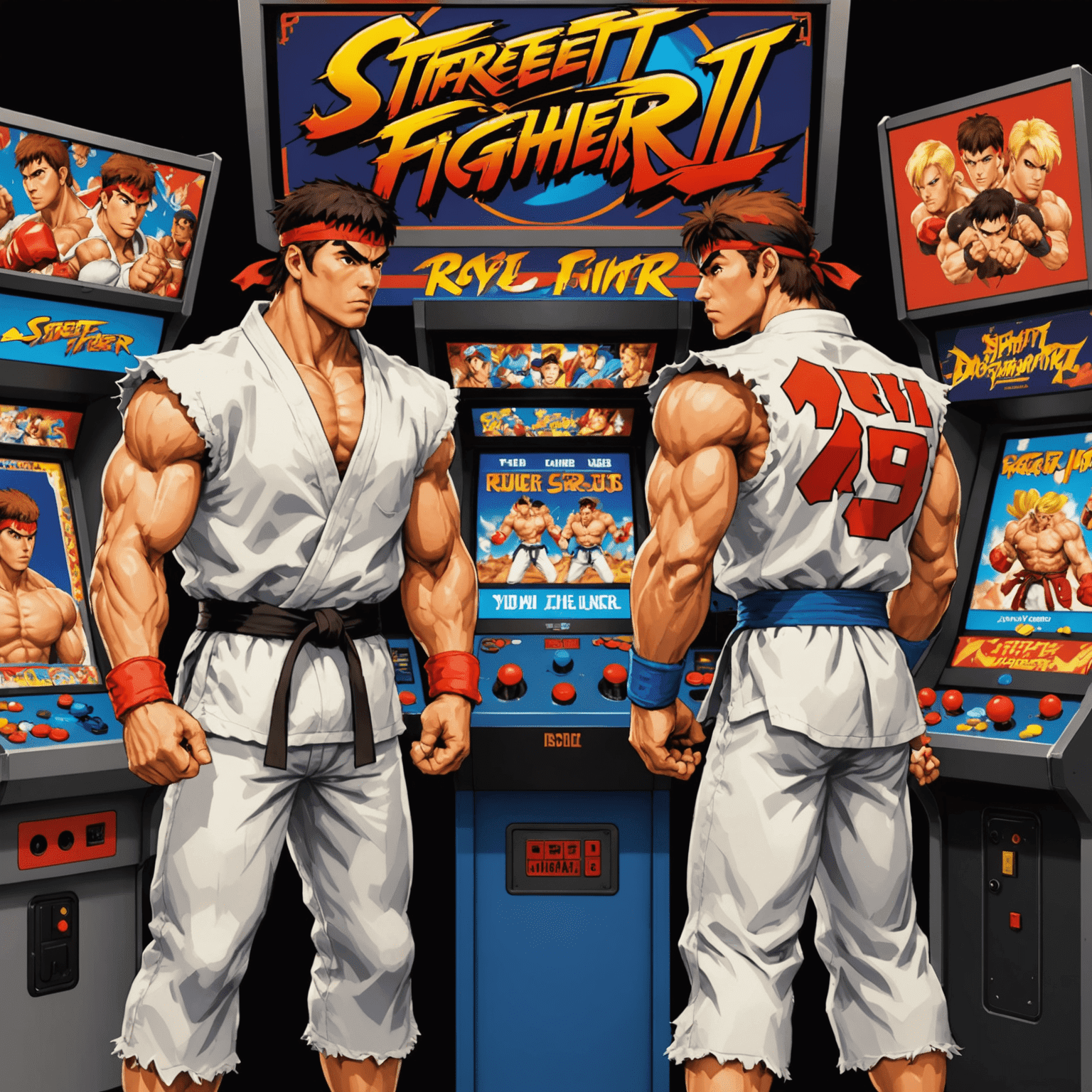 Automat arcade Street Fighter II z charakterystycznymi postaciami Ryu i Ken na ekranie wyboru postaci