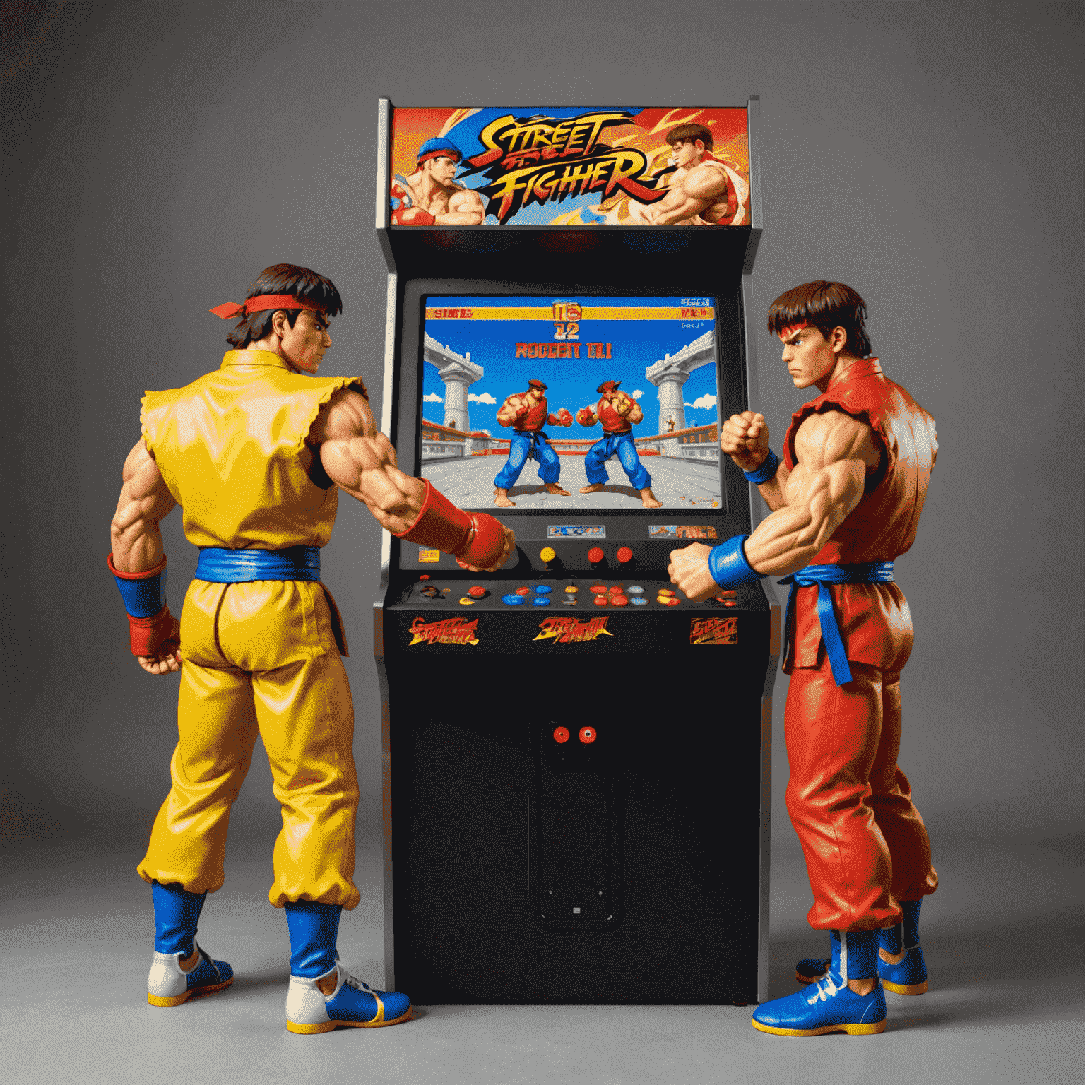 Automat Street Fighter II z dwoma postaciami w pozycji bojowej na ekranie