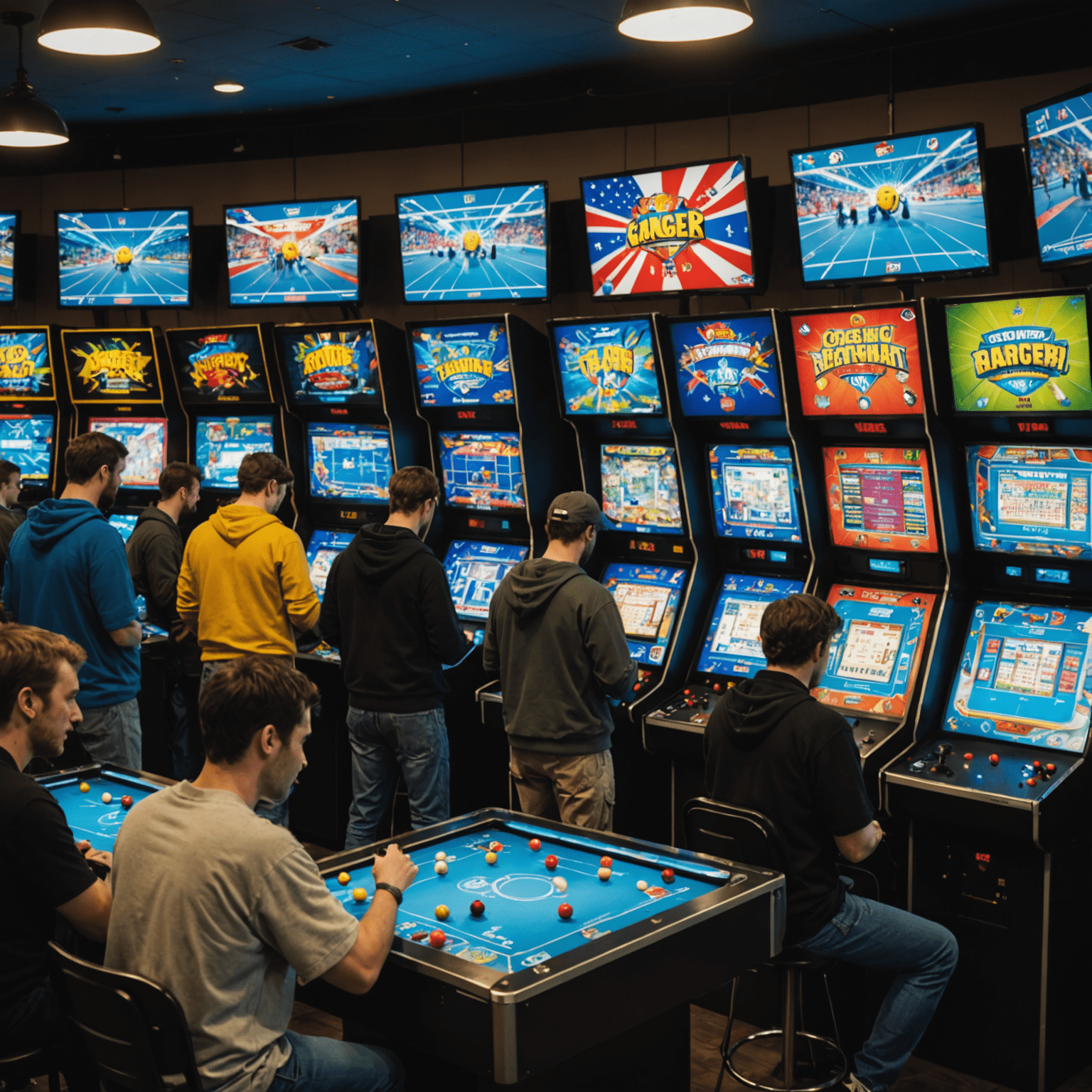 Zdjęcie z turnieju arcade pokazujące tłum graczy przy automatach, flagi turniejowe i ekrany z wynikami