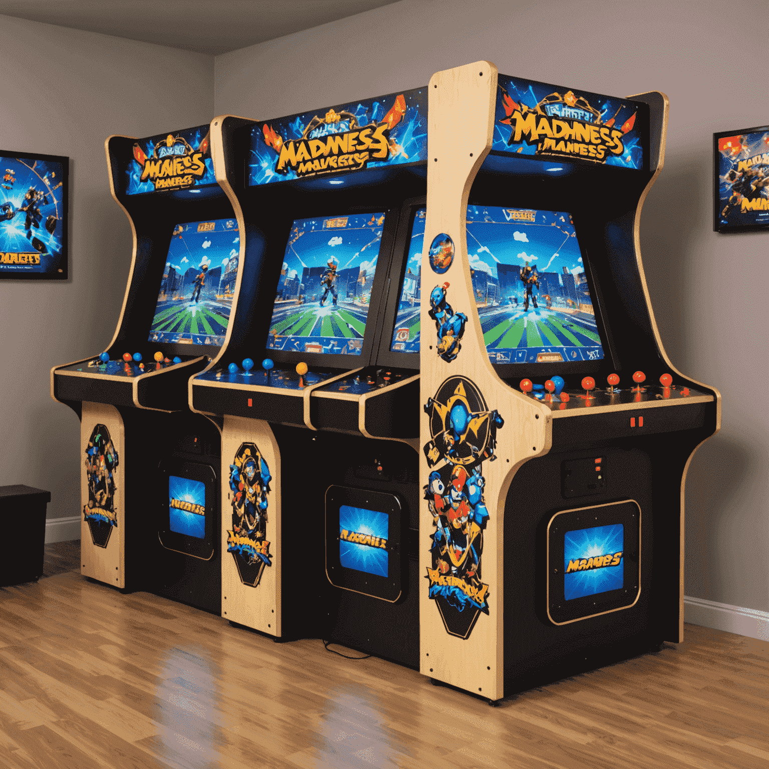 Automat Multiplayer Madness z czterema stanowiskami do gry i dużym centralnym ekranem