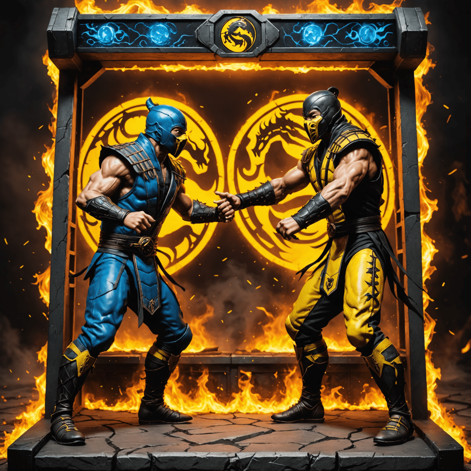 Automat arcade Mortal Kombat z ikonicznymi postaciami Scorpion i Sub-Zero w trakcie walki