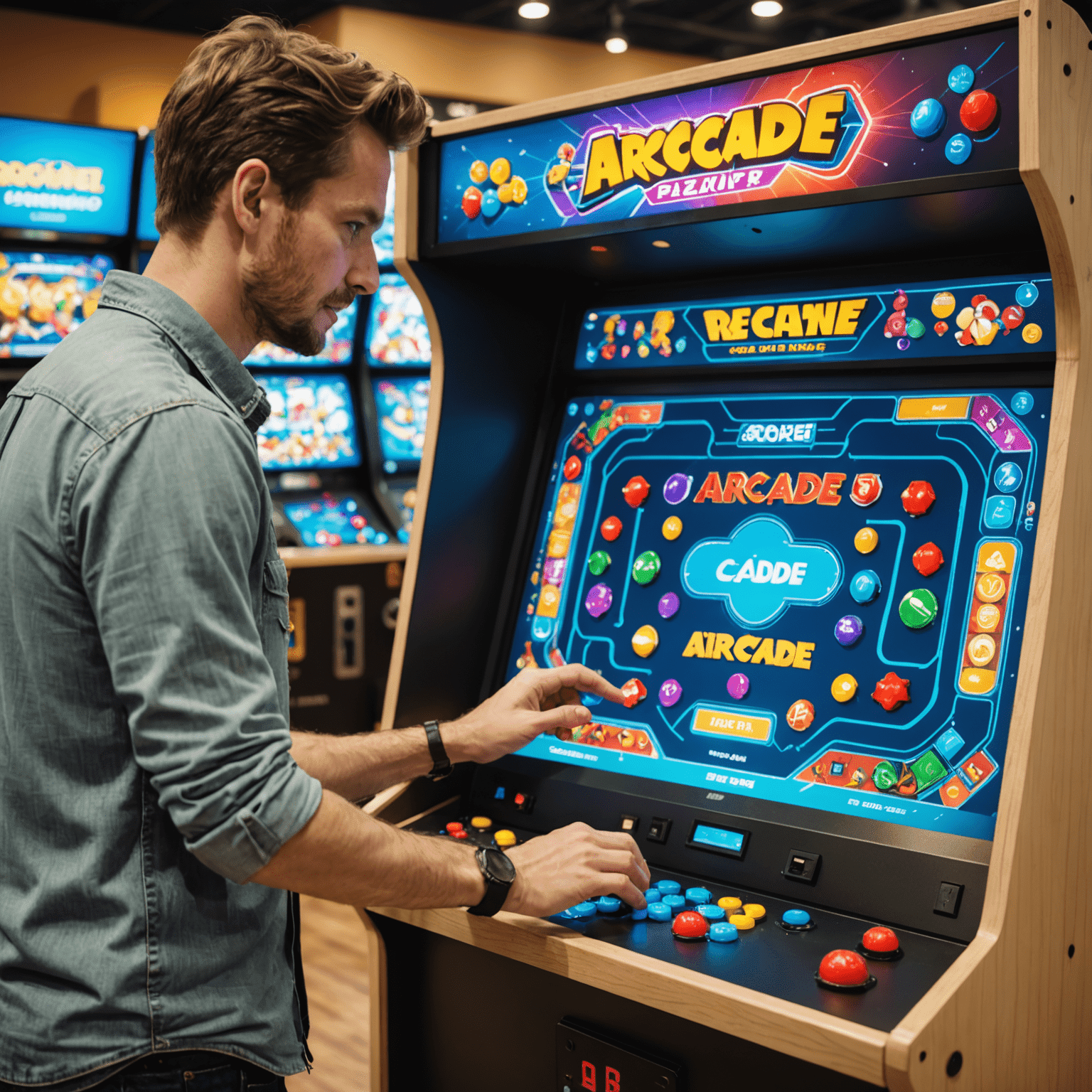 Klient wybierający elementy do spersonalizowanego automatu arcade na interaktywnym ekranie dotykowym
