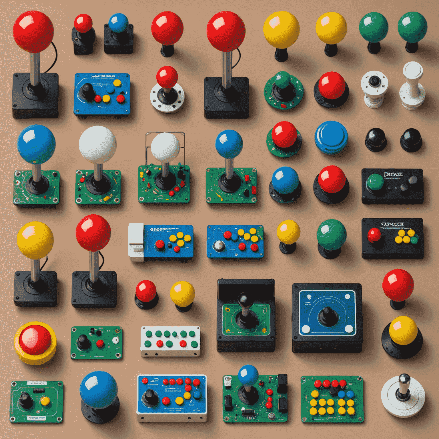 Różnorodne części do automatów arcade: joysticki, przyciski, monitory i płytki PCB